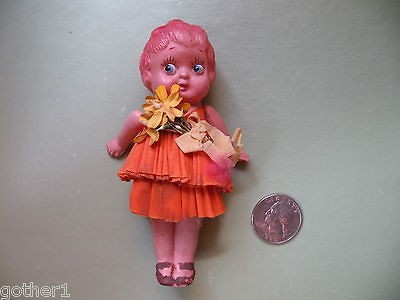 DARLING CELLULOID DOLLY ORANGE CREPE PAPER DRESS GOOD CONDITION CUTE 