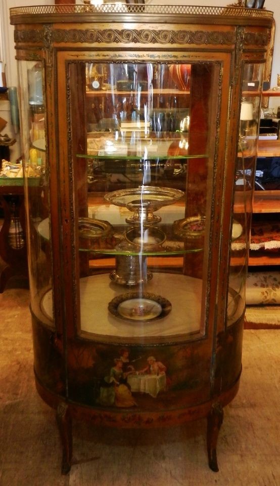 Antique 19th C French Round Hand Painted Vernis Martin Curio Cabinet 