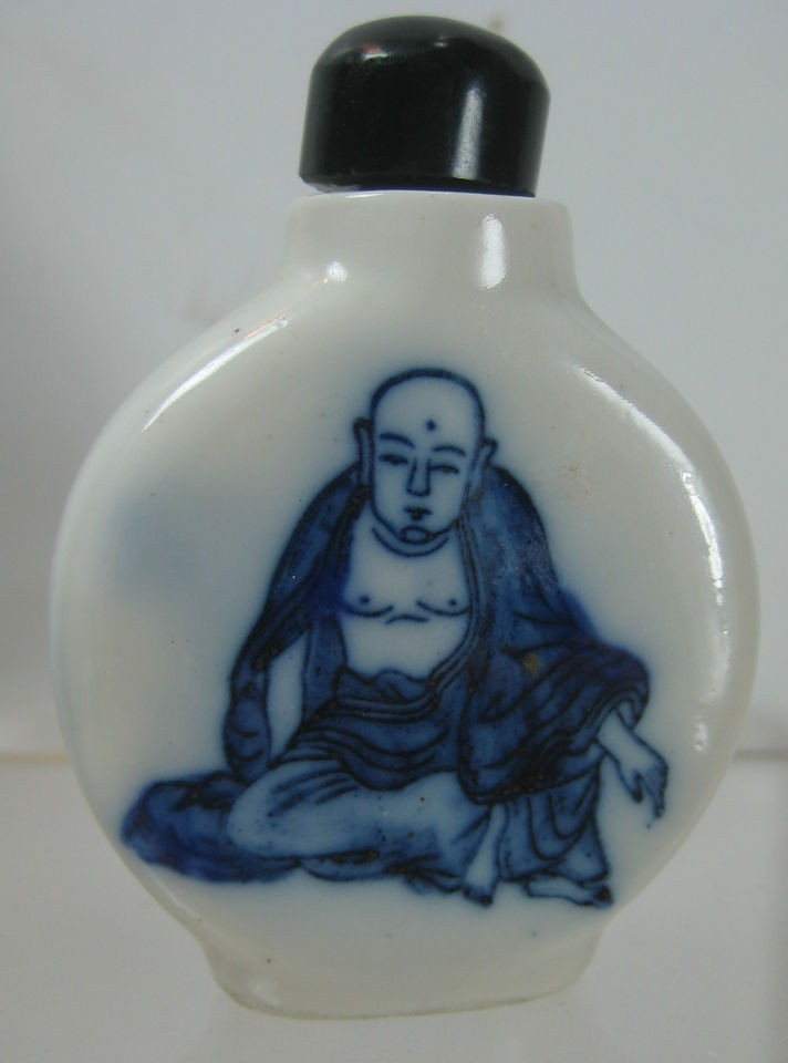 Blue White Snuff Bottle Vintage Monk Chinese Pottery Ceramic Porcelain