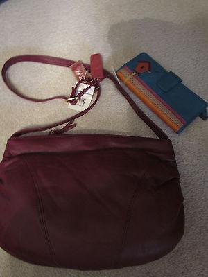   Burgundy Leather Shoulder Bag & Fossil Maddox Birdhouse Clutch