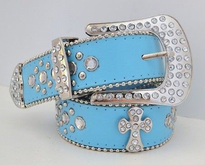 NEW COWGIRL WESTERN BUCKLE RHINESTONE CROSS LEATHER LIGHT AQUA BLUE 