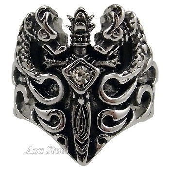 Mens Silver Dragon Crystal Sword Stainless Steel Ring US Size 8 13