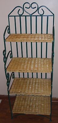 wicker and green metal baker s rack shelf time left