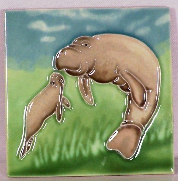 Manatee Ceramic Tile Sea Cow Mom with Baby Tropical Wall Art Accent 