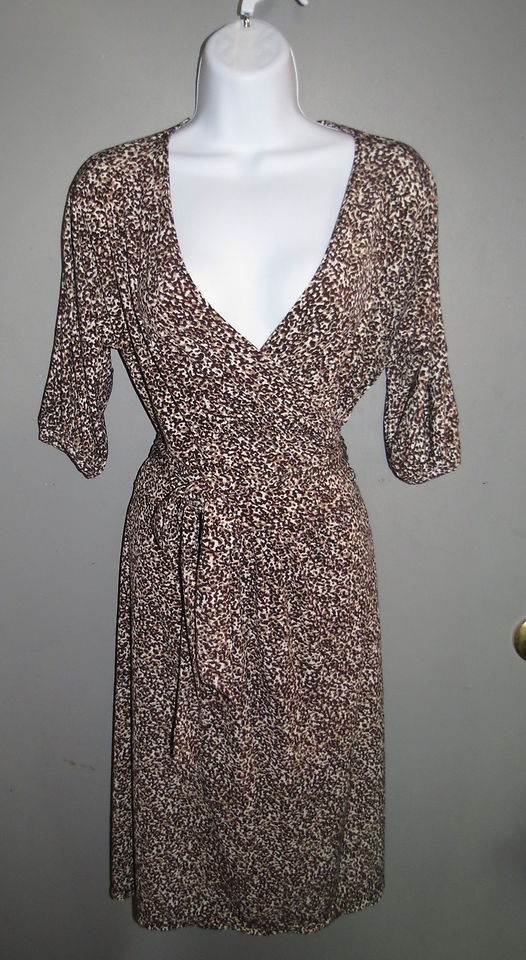 VTG 80s LEOPARD ANIMAL PRINT WRAP Midi disco SECRETARY Dress sz S DEEP 