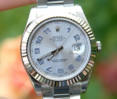 ROLEX MENS 41mm DATEJUST II 18K WHITE GOLD STEEL 116334 BLUE SILVER 