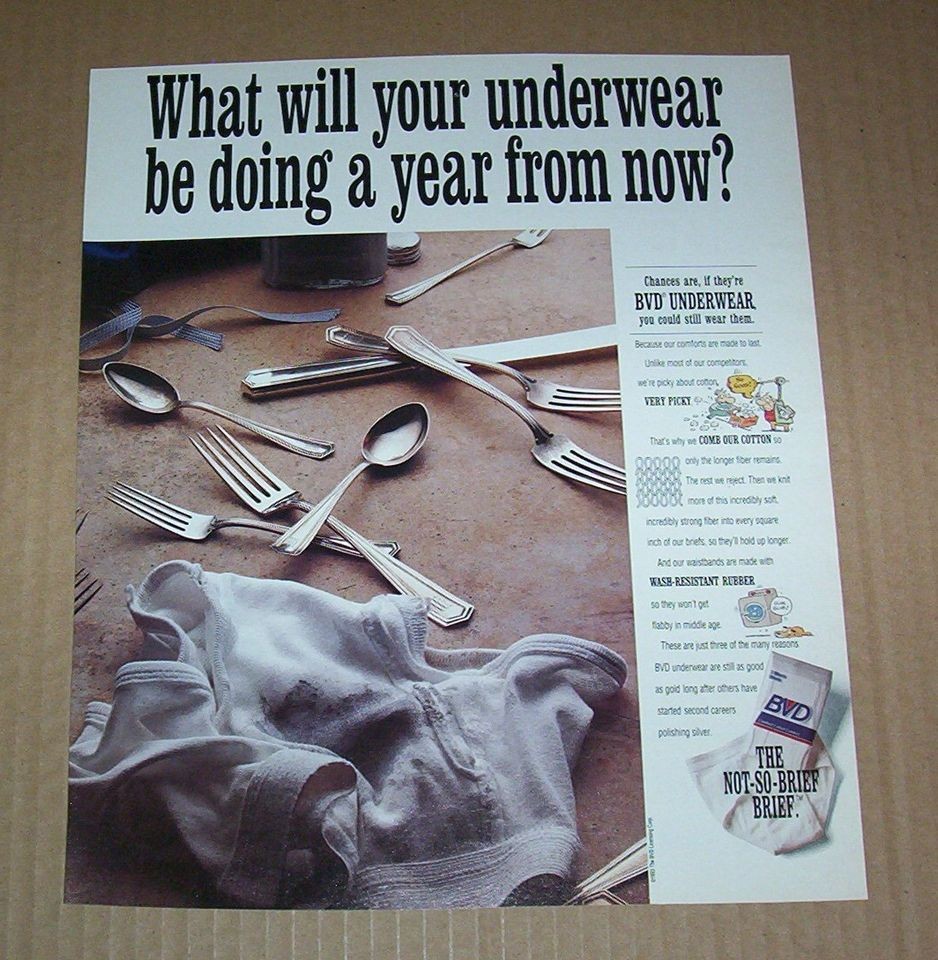 1993 ad page   BVD mens briefs   old underwear polishing silverware 