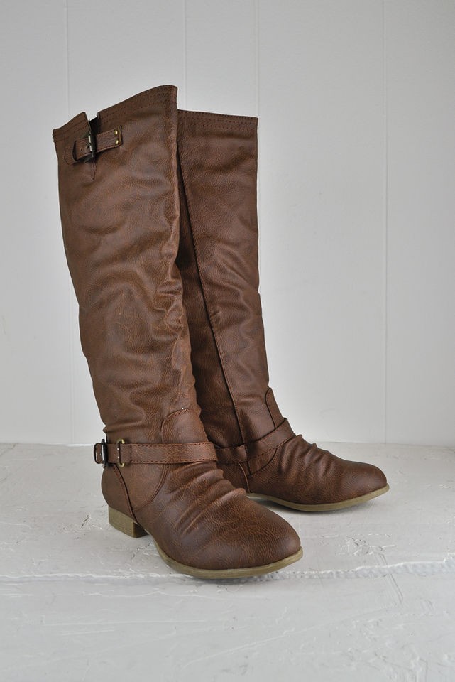 Top Moda Coco 1 Tan Buckle Riding Knee High Boot dual buckles decor on 