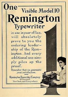   Remington Model 10 Typewriter Lady Typer Office Keyboard Print Letters