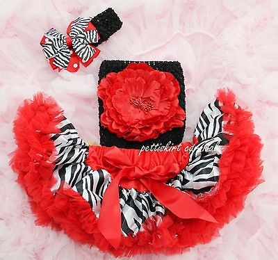 Newborn Baby Red Zebra Pettiskirt Peony Tube Top Bow Clip Headband 