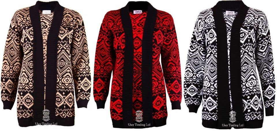 WOMENS LADIES AZTEC TRIBAL PRINT BOYFRIEND KNITTED CARDIGAN JUMPER 