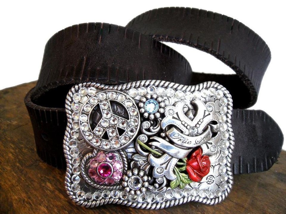 NOCONA LADIES WESTERN BLACK LEATHER BELT & PEACE/LOVE BUCKLE