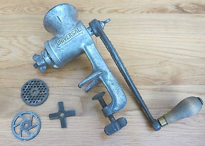 Vintage Antique Food & Meat Grinder with Wooden Handle & 3 blades 