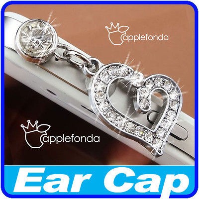 U450 rhinestone crystal heart 3.5mm Earphone EarCap Dock Dust Plug 