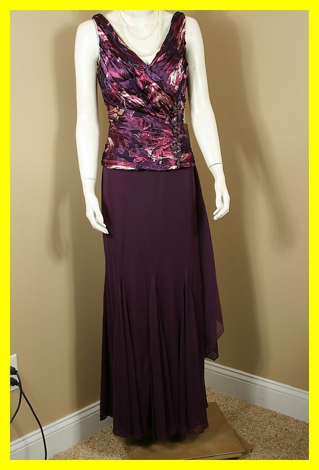 NEW PATRA Eggplant Floral Gown with Beaded Bodice Accent and Scarf 12 