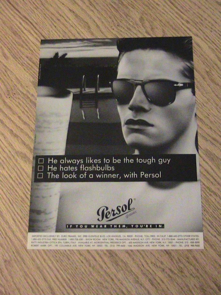 1987 PERSOL SUN GLASSES ADVERTISEMENT MAN SWIM WEAR NEW YORK STYLE 