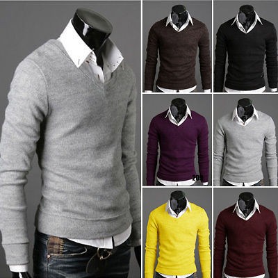 New Mens Fashion Slim Stylish Fit V neck Knitted Sweater Jumper Tops 