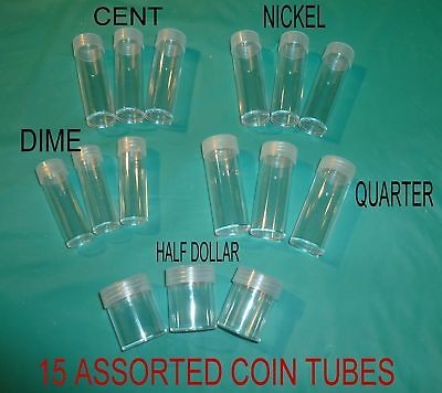 15 ROUND SCREWTOP CLEAR INERT COIN TUBES, 3 each Cent Thru Half Dollar 