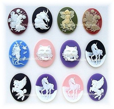 12 Unset Assorted FAIRY, UNICORN & CAT 40mm x 30mm Costume Jewelry 