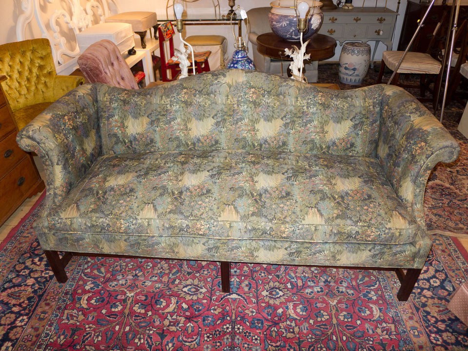 Vintage Camel Back Sofa 76x33x34 Giverny Print Fabric 5 Leg Mahogany 