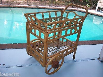   Rolling Cart Server Bar Rattan Tray Serving Service Mid century Wicker