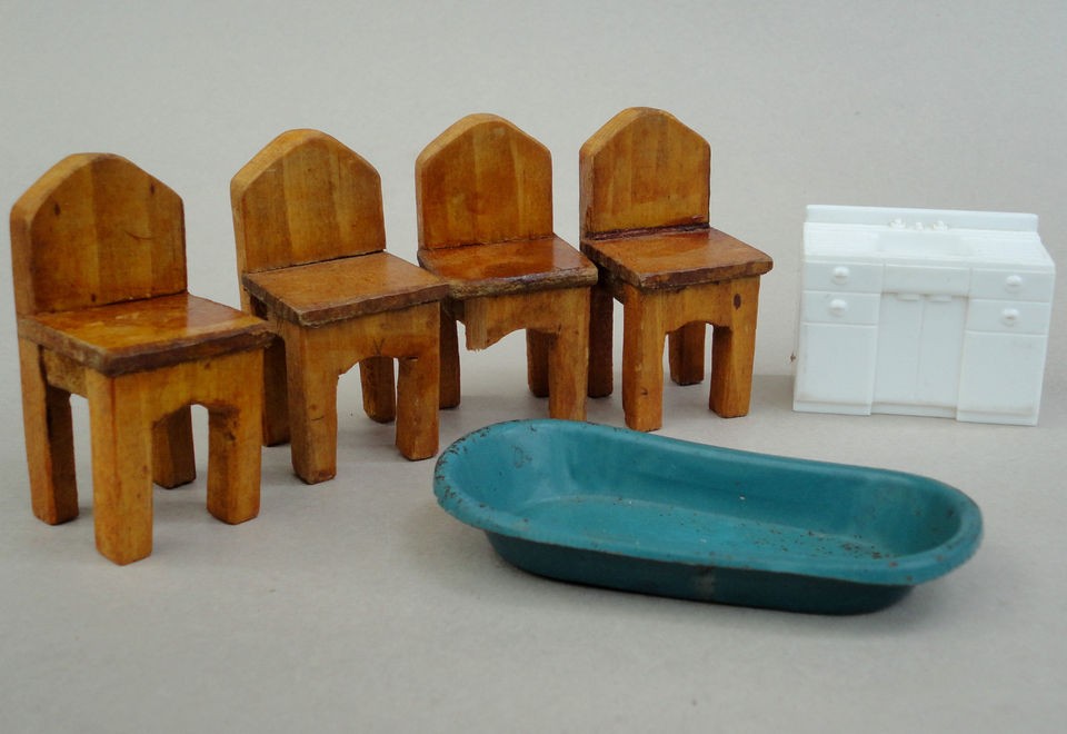 Vtg LOT MARX Dollhouse Kitchen SINK Japan Steel Tub Handcrafted Wood 