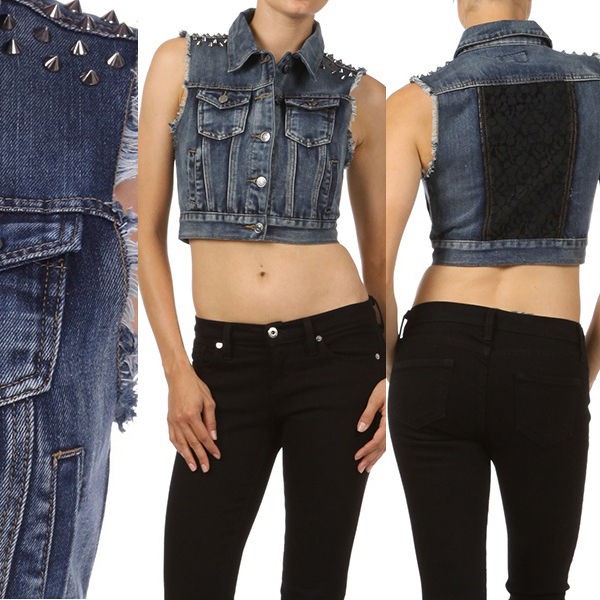 New Button Down Denim Vest with Lace Inset Spikes on Shoulders Fringe 