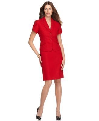Tahari NEW Clifford Red Textured Short Sleeve Lined Skirt Suit Petite 