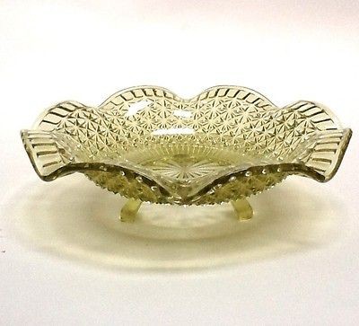 Sowerby Davidson Green Yellow Wavy Glass Bowl On Three Legs, Vintage 