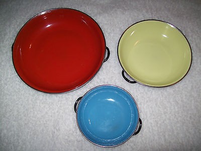 VTG Mid Century ENAMEL WARE Pan Set 3 YUGOSLAVIA Retro Modern BLUE 