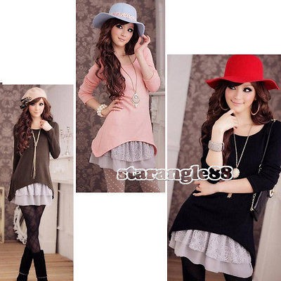 Girl Slim Vintage Lace Hem Sweater Stitching off Two Knitting Wool 