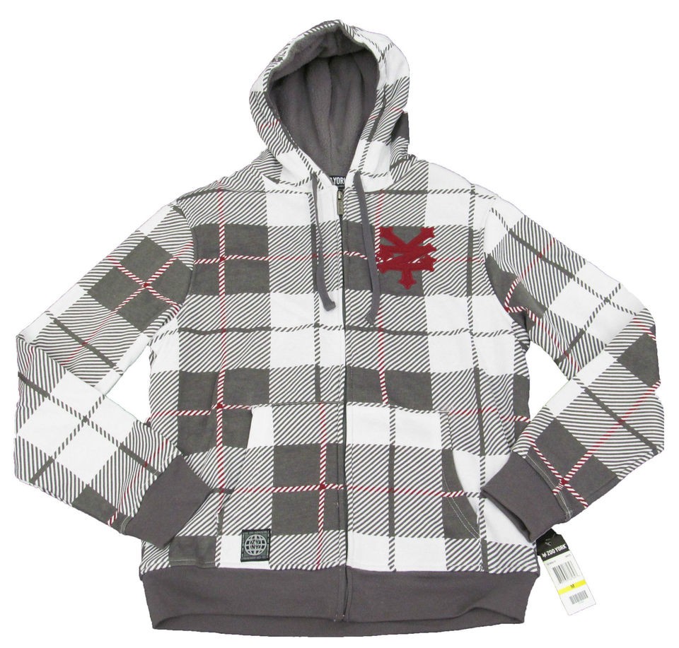 ZOO YORK Mens Gray/White Plaid Zip Sherpa Lined Hoodie Jacket NWT