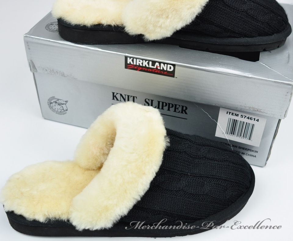 New Womens Knit Shearling Scuffs Slippers Kirkland Signature Black 