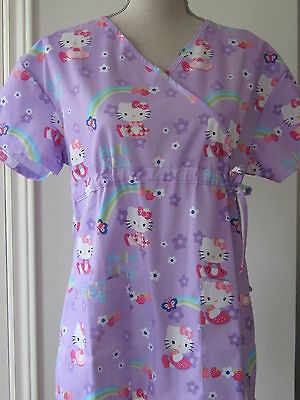 NEW Hello Kitty Medical Nursing Scrubs Top Wrap Purple MEDIUM *