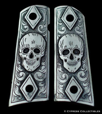   PEWTER GUN GRIPS ENGRAVED SKULL SKELETON NEW COLT KIMBER SEMI AUTO