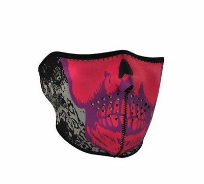   Motorcycle Biker, Ski Neoprene Face Mask   Purple Pink 1/2 Skull