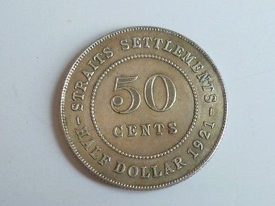 1921 Straits Settlements George V King 50 Cents Half Dollar Coin (WC 