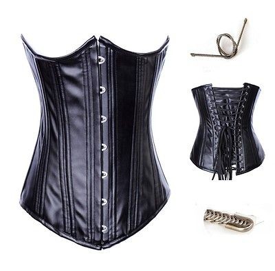 Black Full Spiral Steel Boned Faux Leather Underbust Corset S M L XL