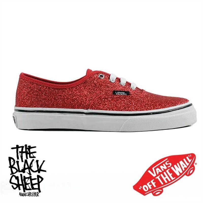 VANS AUTHENTIC (GLITTER) RED KIDS PLIMSOLE SKATE SHOES/TRAINERS NEW