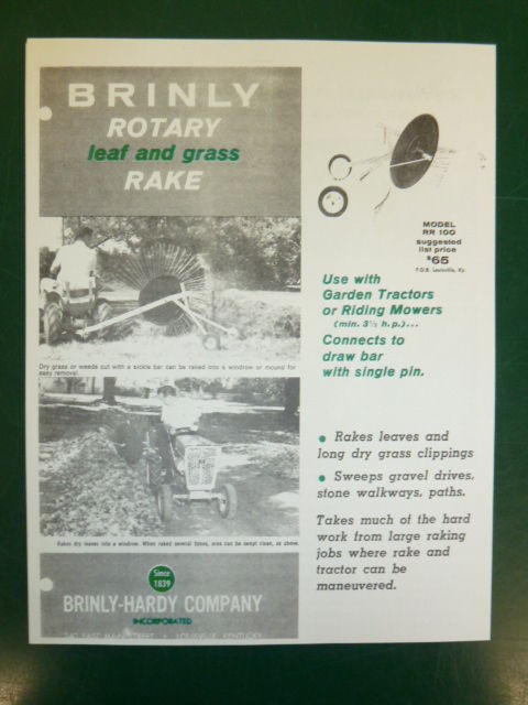 VINTAGE BRINLY ROTARY LEAF & GRASS RAKE #RR 100 SPEC SHEET SALES 