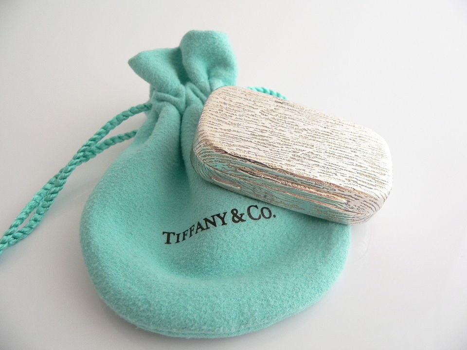 Tiffany & Co Sterling Silver Textured Wood Rectangle Pill Box Case 