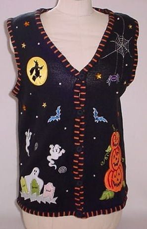 Halloween Sweater Vest Large Sequins Beads Spider Web Bat Pumpkin 