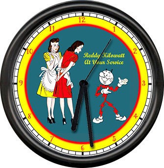 reddy kilowatt electrician tool service sign wall clock time left