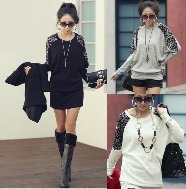   Leopard Batwing Long Top T shirt Tunic Sweatshirt Blouse Pullover