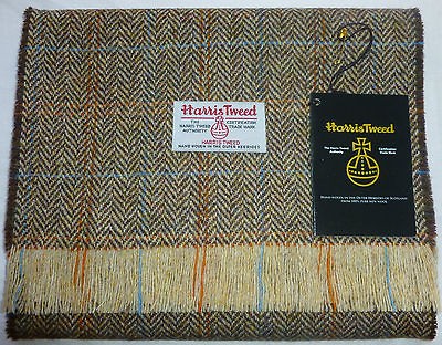 HANDMADE GENUINE HARRIS TWEED WOOL FABRIC SCARF BROWN HERRINGBONE 