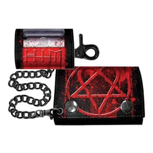 Red Heartagram Logo Tri Fold Leather Chain Wallet With Coin 