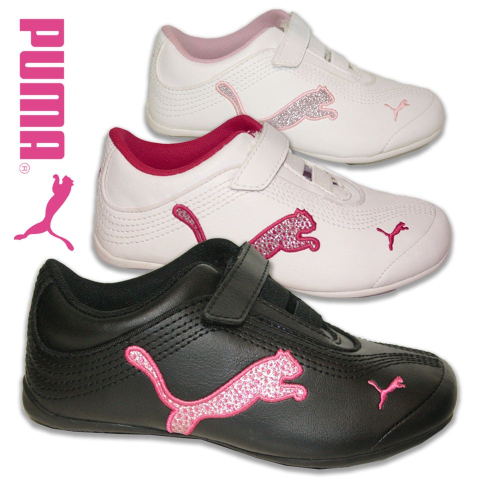 KIDS GIRLS PUMA SOLEIL V TRAINERS VELCRO BLACK PINK WHITE DESIGNER 