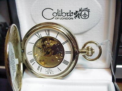 COLIBRI 17JWL SWISS INCABLOC SKELETON 2 SIDED GOLDTONE POCKETWATCH NEW 