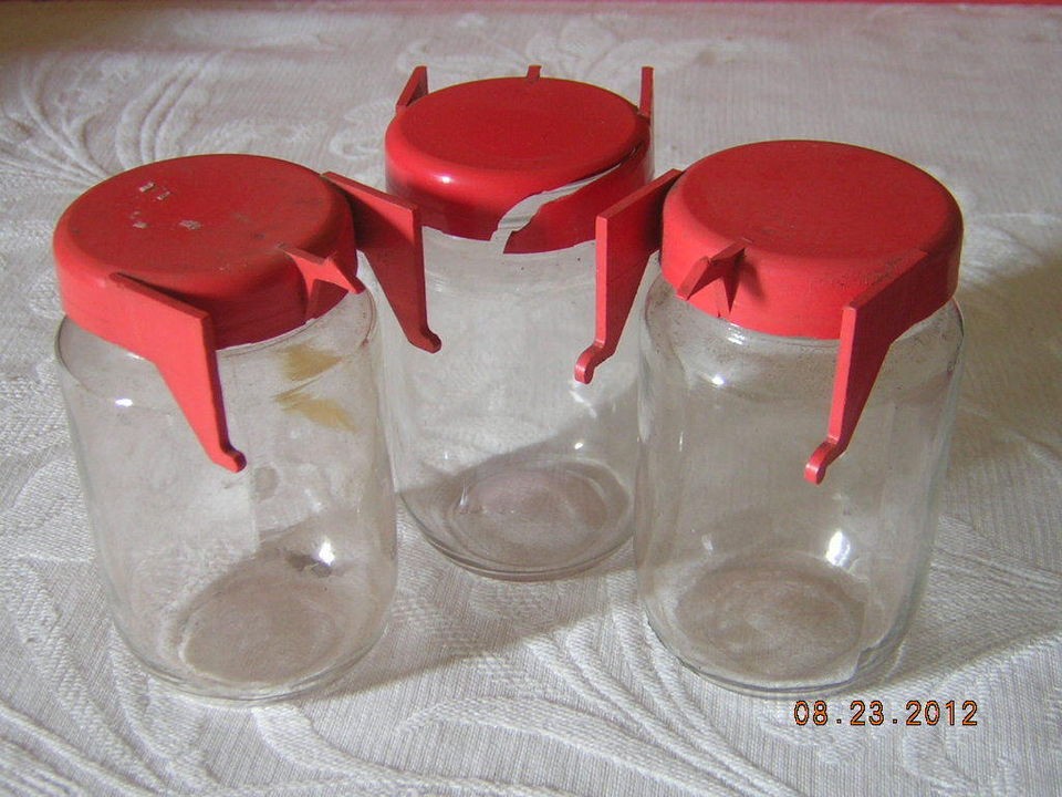 VINTAGE GARAGE/WORKBENCH STORAGE JARS THREE WITH SPECIAL LIDS