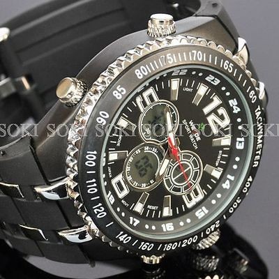 New Luxury Black Day Date Mens Analog Digital Quartz Wrist Rubber Band 